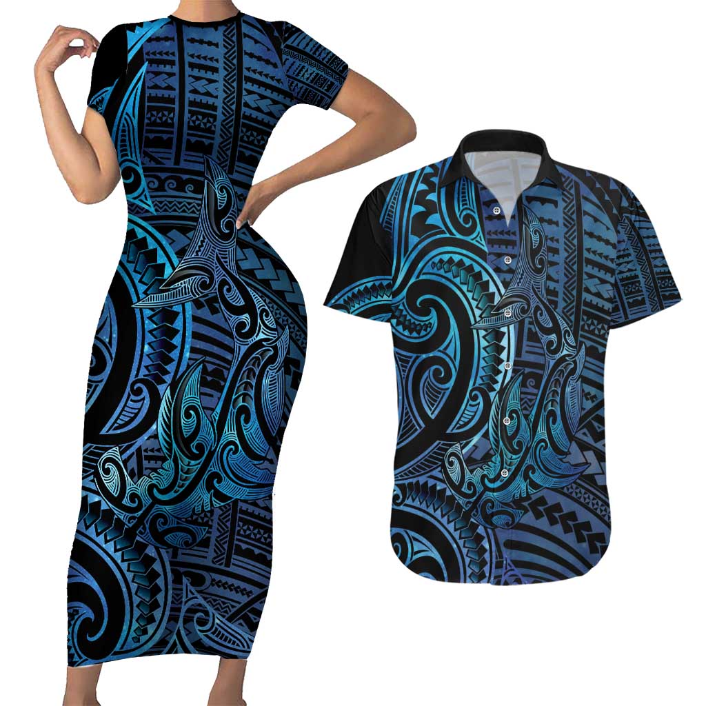 New Zealand Hammerhead Shark Couples Matching Short Sleeve Bodycon Dress and Hawaiian Shirt Maori Haehae Mangopare Galaxy - Vibe Hoodie