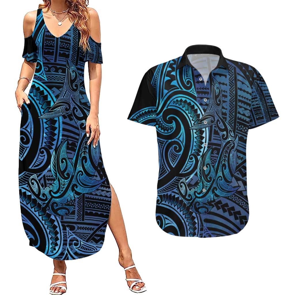 New Zealand Hammerhead Shark Couples Matching Summer Maxi Dress and Hawaiian Shirt Maori Haehae Mangopare Galaxy - Vibe Hoodie