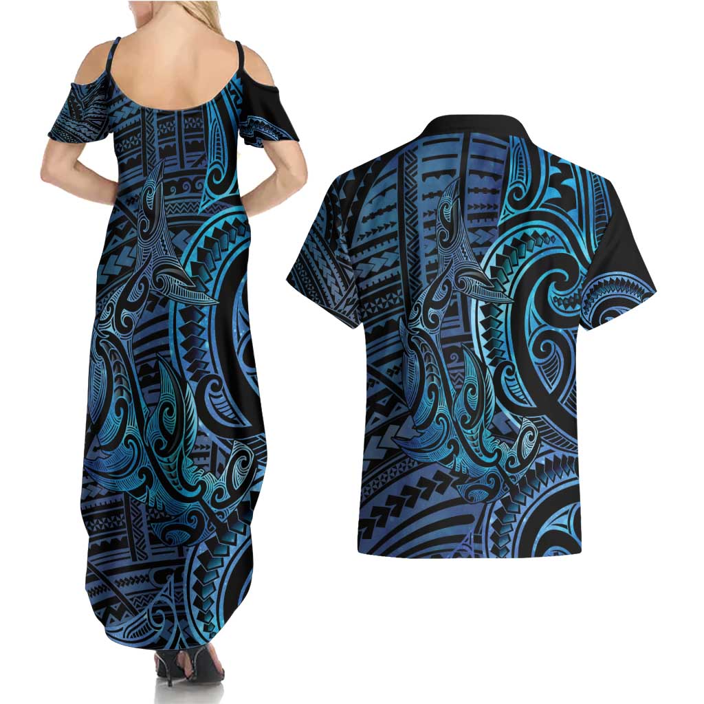 New Zealand Hammerhead Shark Couples Matching Summer Maxi Dress and Hawaiian Shirt Maori Haehae Mangopare Galaxy - Vibe Hoodie