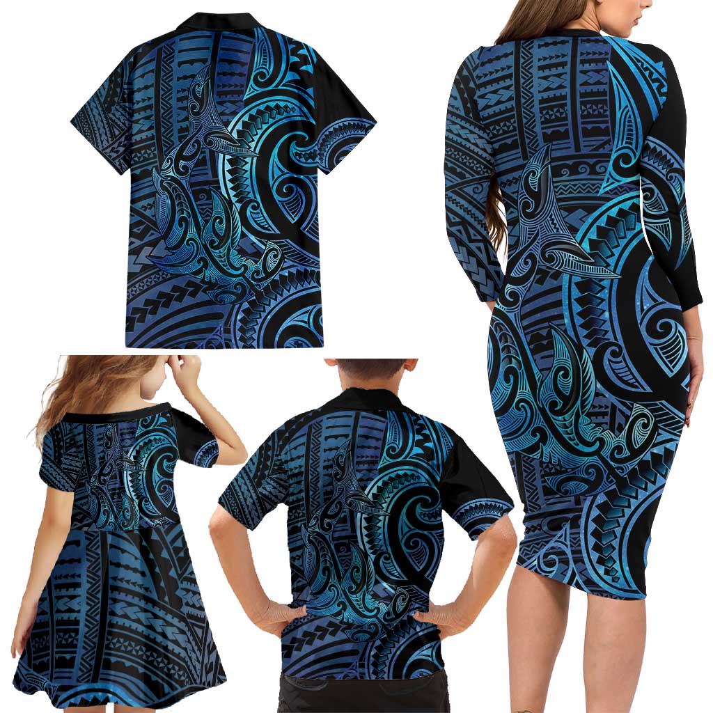 New Zealand Hammerhead Shark Family Matching Long Sleeve Bodycon Dress and Hawaiian Shirt Maori Haehae Mangopare Galaxy - Vibe Hoodie
