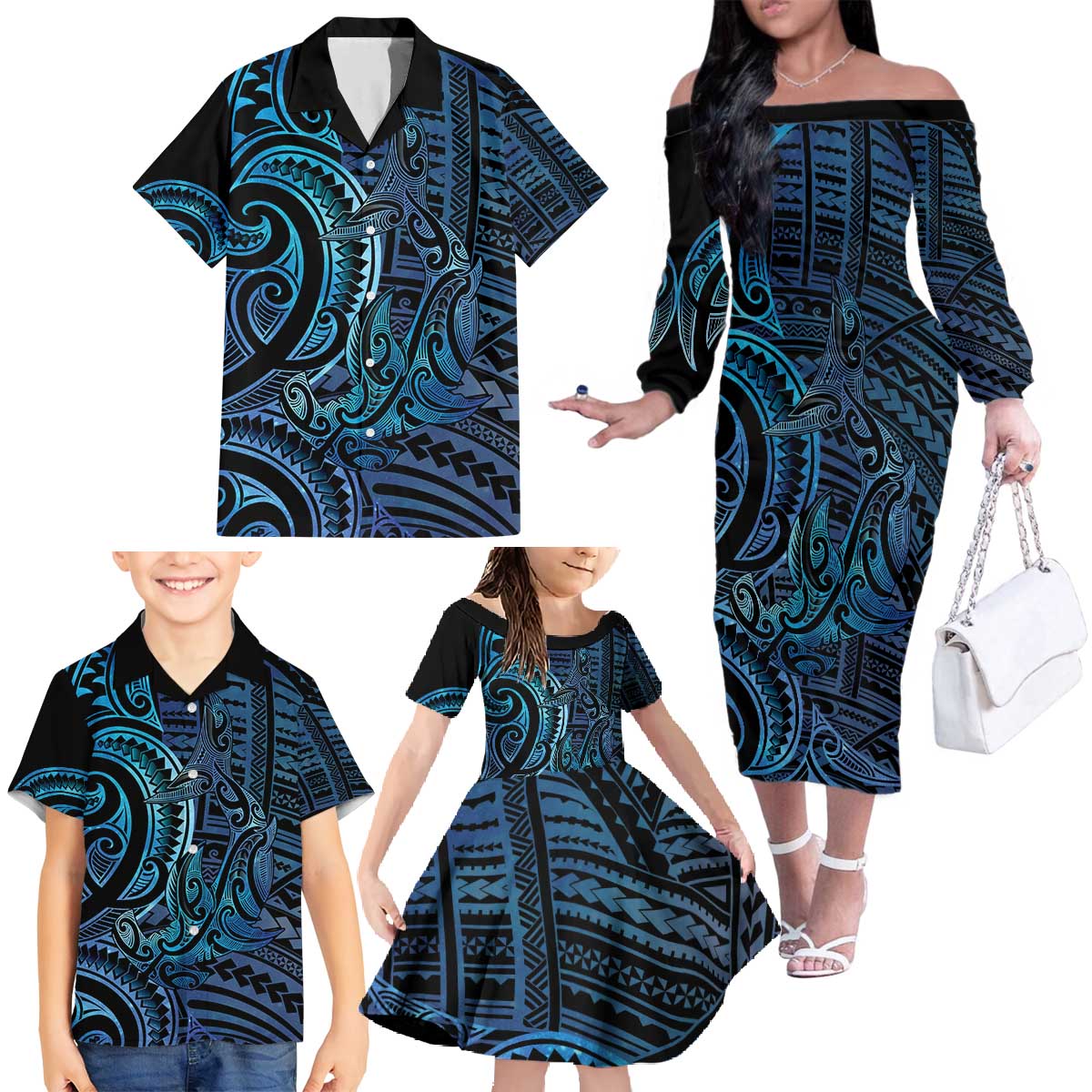 New Zealand Hammerhead Shark Family Matching Off The Shoulder Long Sleeve Dress and Hawaiian Shirt Maori Haehae Mangopare Galaxy - Vibe Hoodie