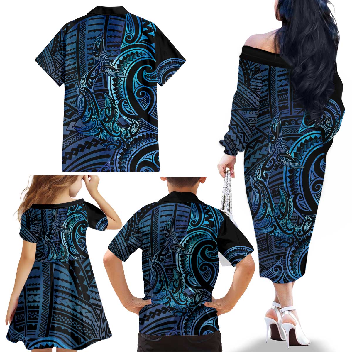 New Zealand Hammerhead Shark Family Matching Off The Shoulder Long Sleeve Dress and Hawaiian Shirt Maori Haehae Mangopare Galaxy - Vibe Hoodie