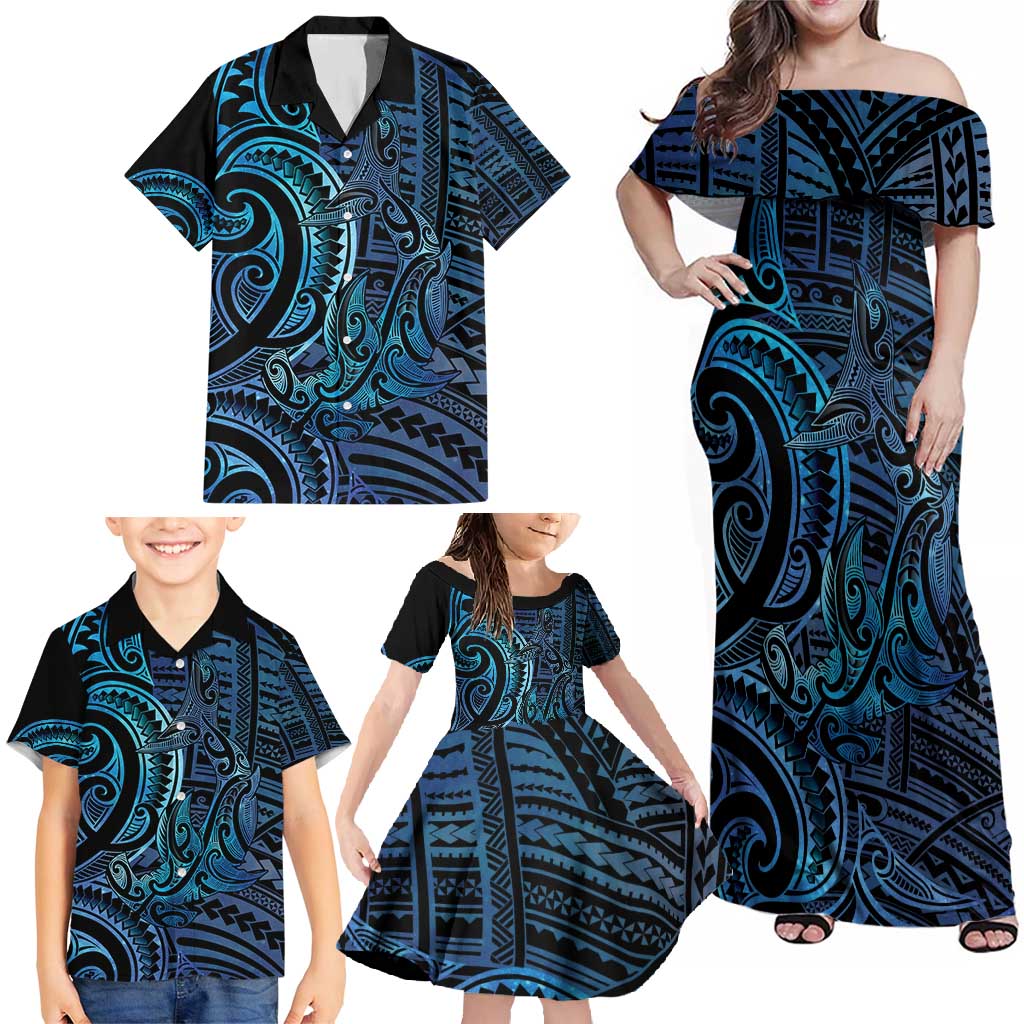 New Zealand Hammerhead Shark Family Matching Off Shoulder Maxi Dress and Hawaiian Shirt Maori Haehae Mangopare Galaxy - Vibe Hoodie
