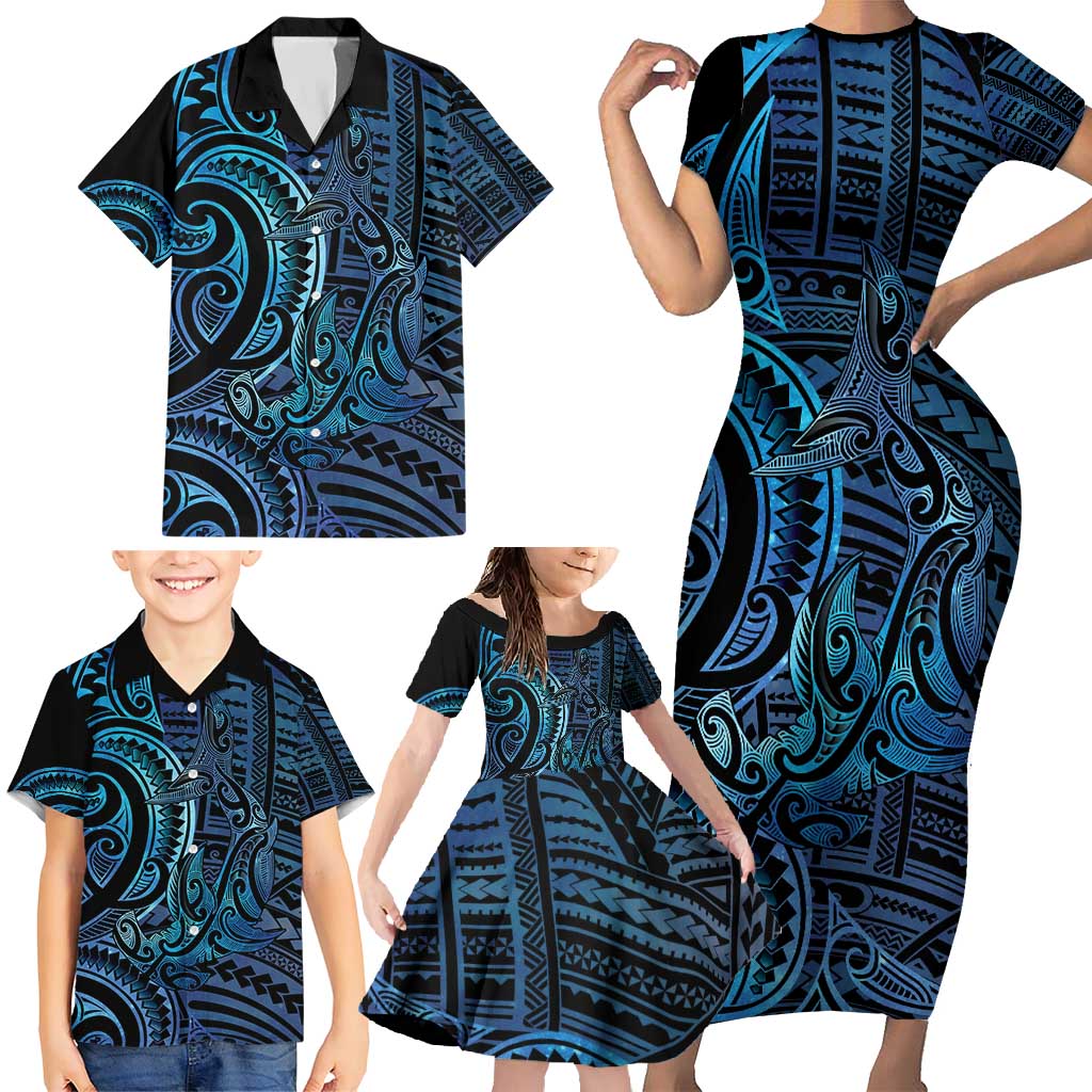 New Zealand Hammerhead Shark Family Matching Short Sleeve Bodycon Dress and Hawaiian Shirt Maori Haehae Mangopare Galaxy - Vibe Hoodie