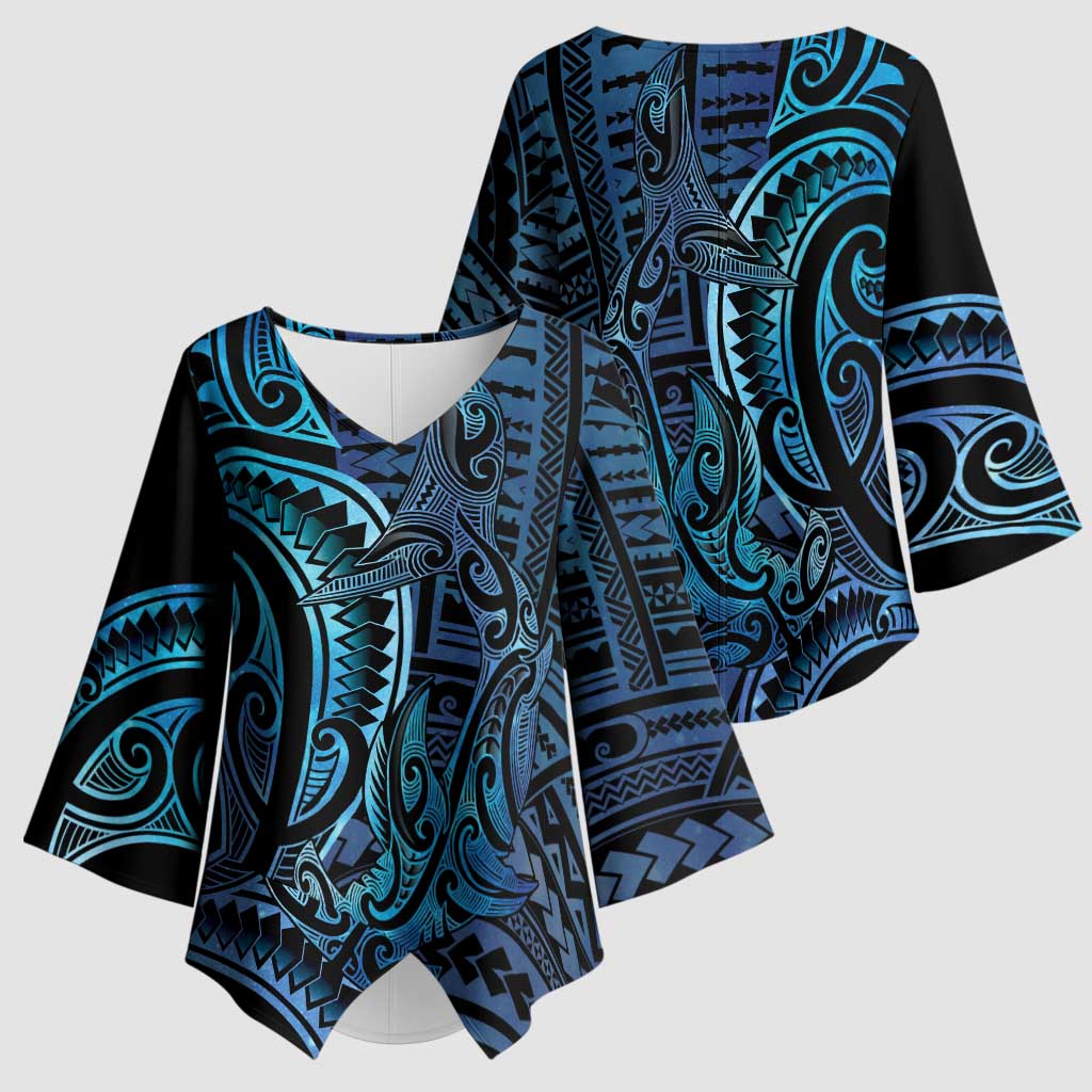 New Zealand Hammerhead Shark Kimono Sleeve Blouse Maori Haehae Mangopare Galaxy - Vibe Hoodie