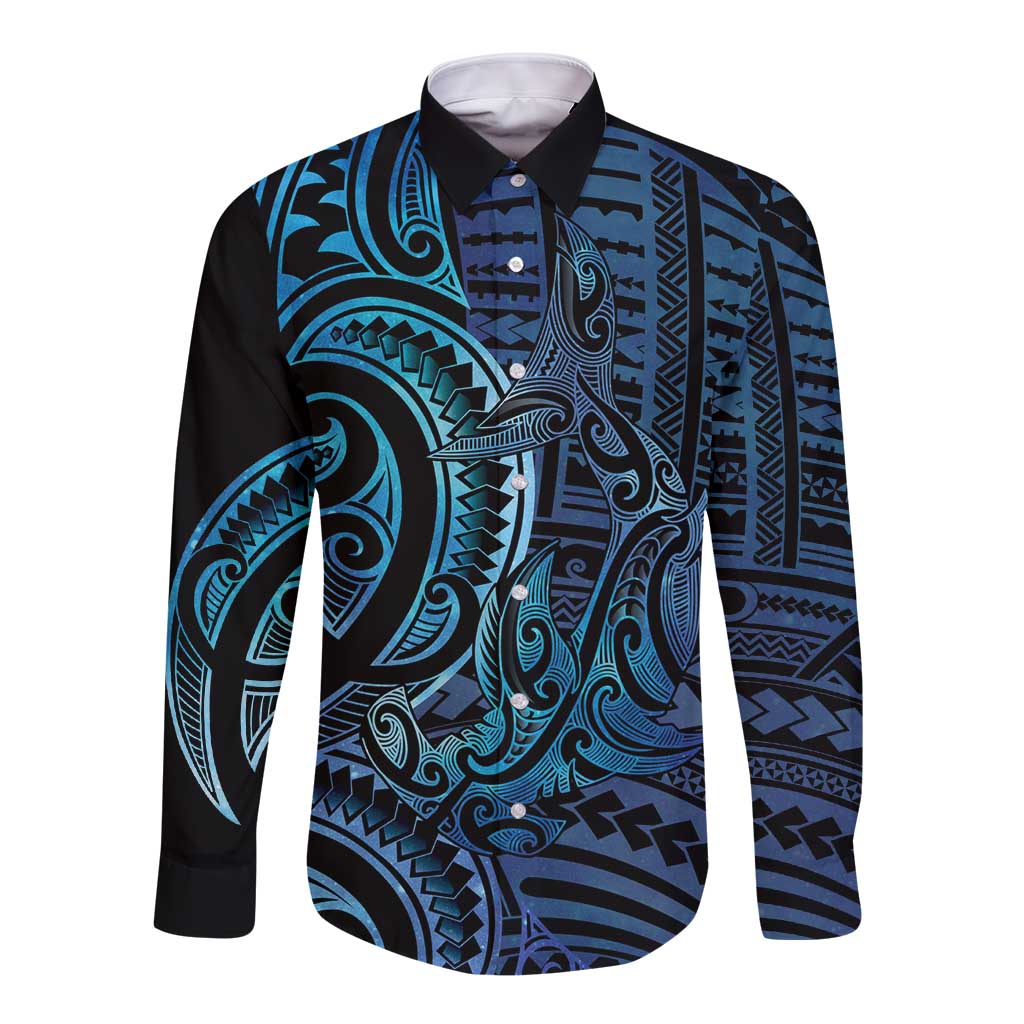 New Zealand Hammerhead Shark Long Sleeve Button Shirt Maori Haehae Mangopare Galaxy - Vibe Hoodie