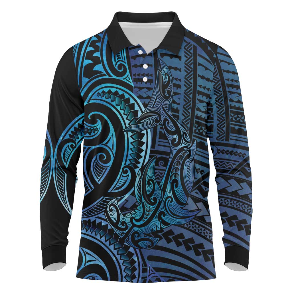 New Zealand Hammerhead Shark Long Sleeve Polo Shirt Maori Haehae Mangopare Galaxy - Vibe Hoodie