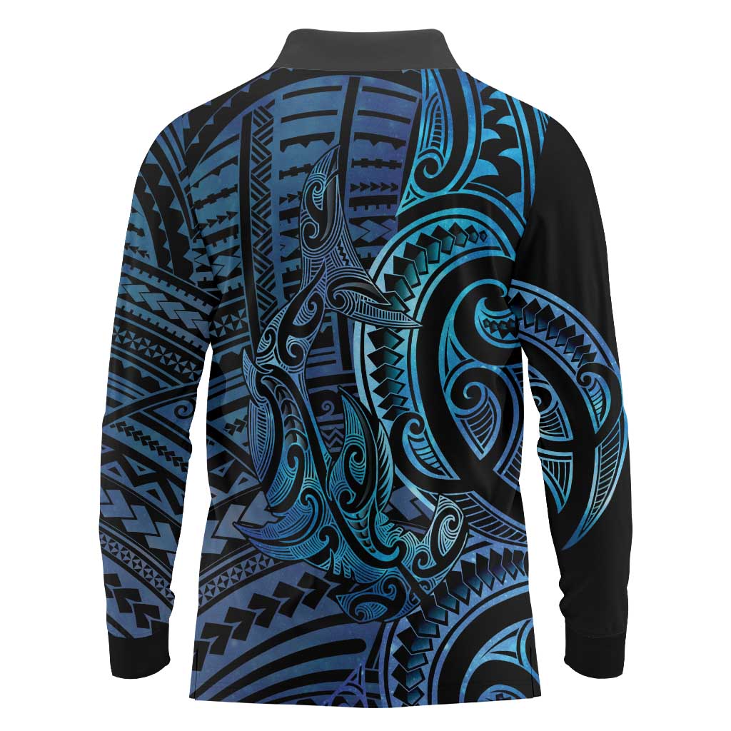 New Zealand Hammerhead Shark Long Sleeve Polo Shirt Maori Haehae Mangopare Galaxy - Vibe Hoodie