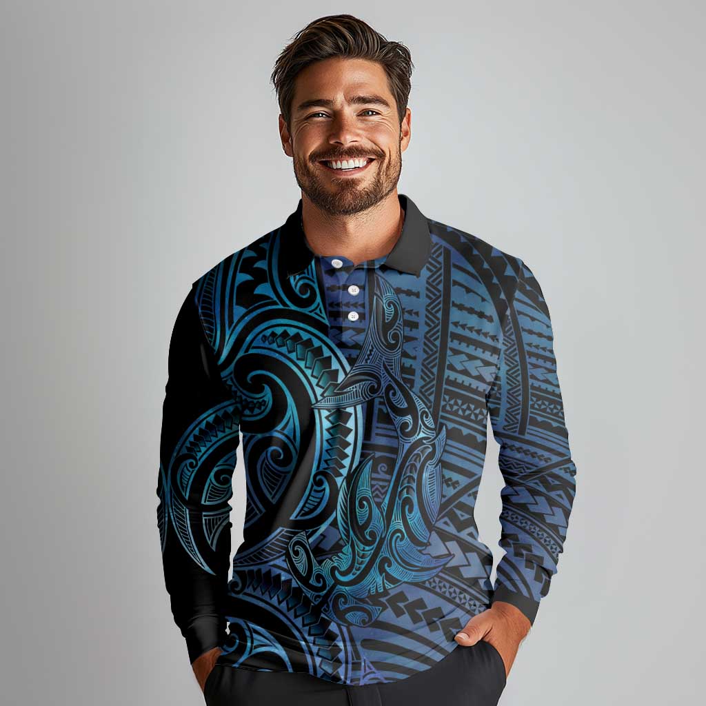 New Zealand Hammerhead Shark Long Sleeve Polo Shirt Maori Haehae Mangopare Galaxy - Vibe Hoodie
