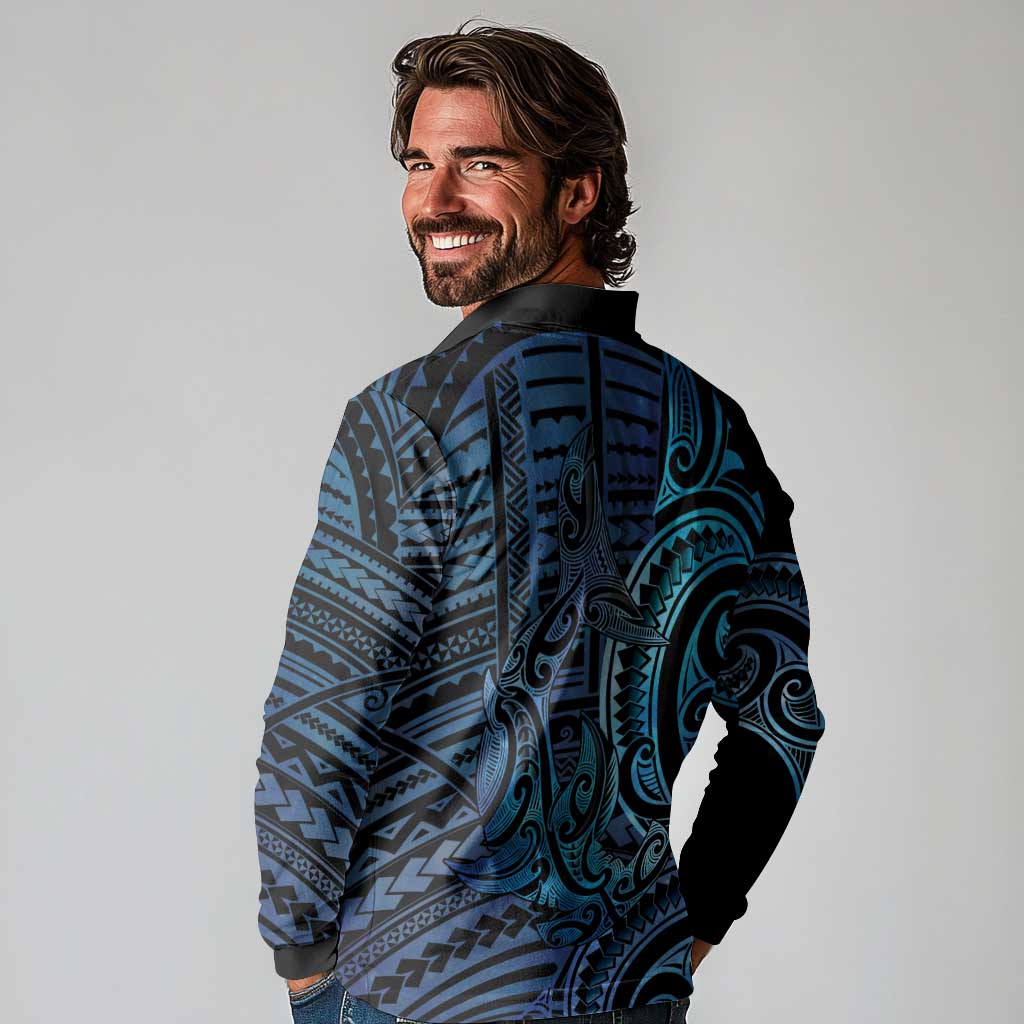 New Zealand Hammerhead Shark Long Sleeve Polo Shirt Maori Haehae Mangopare Galaxy - Vibe Hoodie