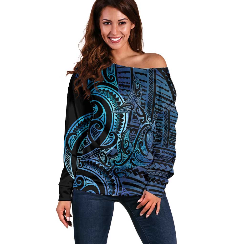 New Zealand Hammerhead Shark Off Shoulder Sweater Maori Haehae Mangopare Galaxy - Vibe Hoodie