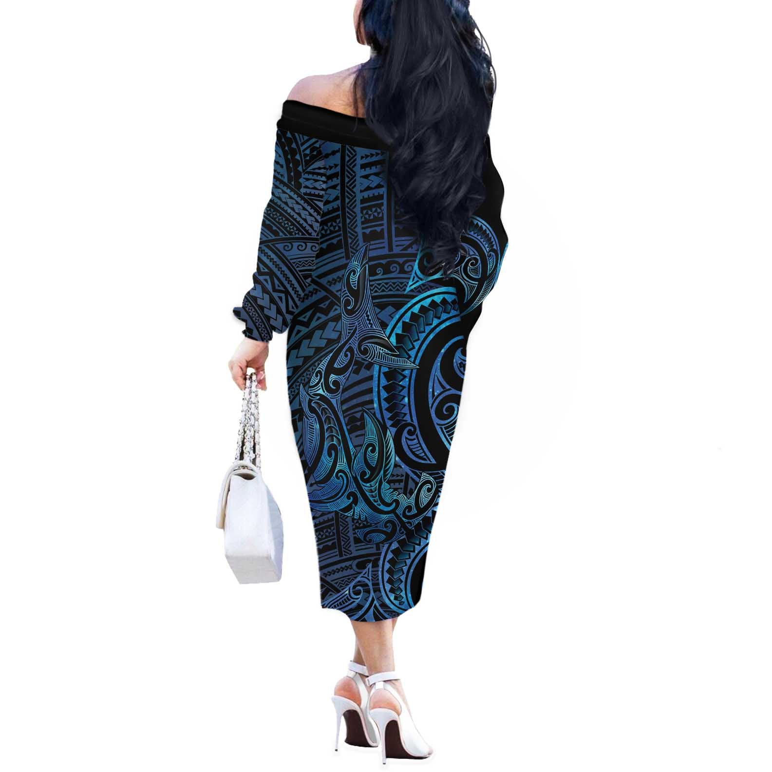 New Zealand Hammerhead Shark Off The Shoulder Long Sleeve Dress Maori Haehae Mangopare Galaxy - Vibe Hoodie