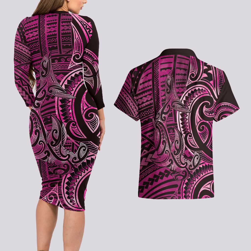New Zealand Hammerhead Shark Couples Matching Long Sleeve Bodycon Dress and Hawaiian Shirt Maori Haehae Mangopare Pink - Vibe Hoodie