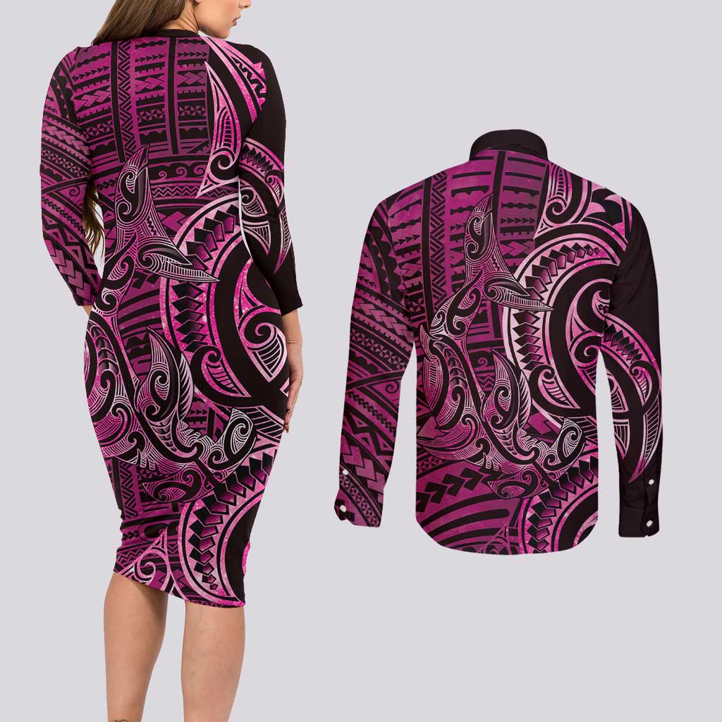 New Zealand Hammerhead Shark Couples Matching Long Sleeve Bodycon Dress and Long Sleeve Button Shirt Maori Haehae Mangopare Pink - Vibe Hoodie