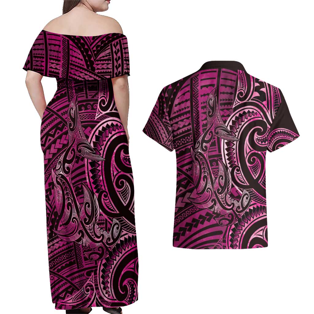 New Zealand Hammerhead Shark Couples Matching Off Shoulder Maxi Dress and Hawaiian Shirt Maori Haehae Mangopare Pink - Vibe Hoodie