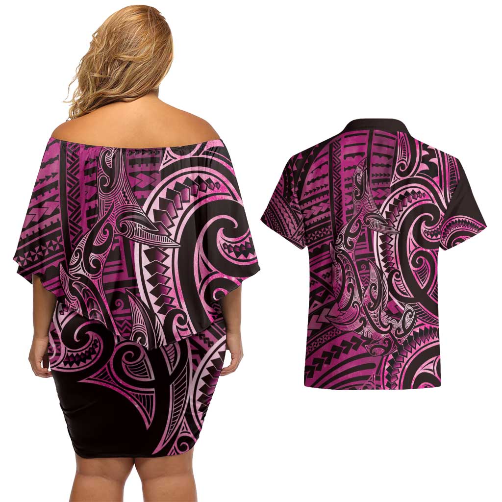 New Zealand Hammerhead Shark Couples Matching Off Shoulder Short Dress and Hawaiian Shirt Maori Haehae Mangopare Pink - Vibe Hoodie