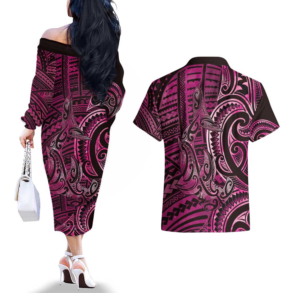 New Zealand Hammerhead Shark Couples Matching Off The Shoulder Long Sleeve Dress and Hawaiian Shirt Maori Haehae Mangopare Pink - Vibe Hoodie