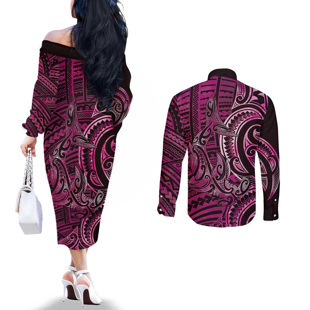 New Zealand Hammerhead Shark Couples Matching Off The Shoulder Long Sleeve Dress and Long Sleeve Button Shirt Maori Haehae Mangopare Pink - Vibe Hoodie