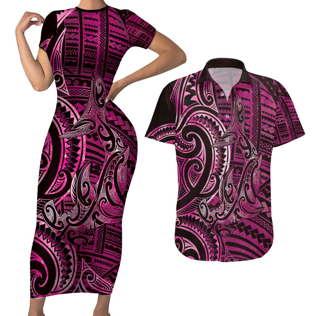 New Zealand Hammerhead Shark Couples Matching Short Sleeve Bodycon Dress and Hawaiian Shirt Maori Haehae Mangopare Pink - Vibe Hoodie