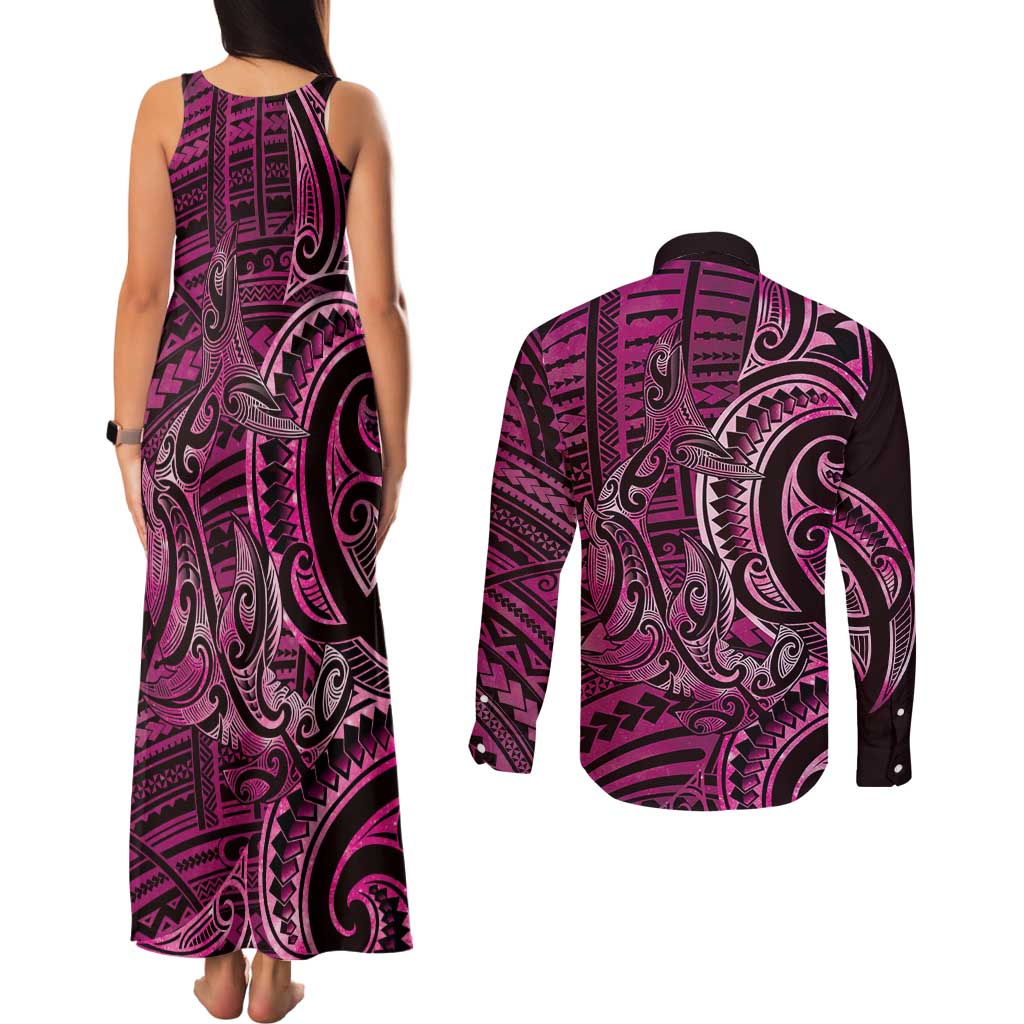 New Zealand Hammerhead Shark Couples Matching Tank Maxi Dress and Long Sleeve Button Shirt Maori Haehae Mangopare Pink - Vibe Hoodie