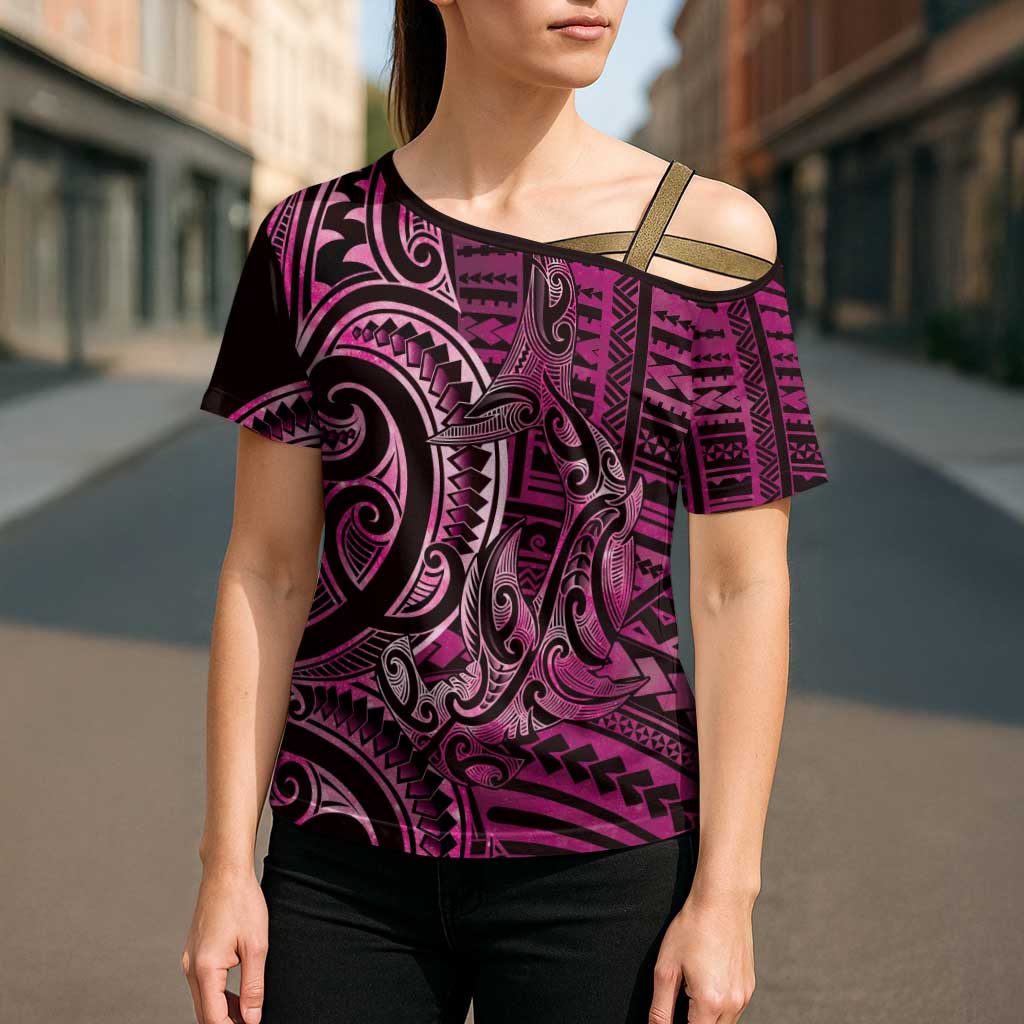 New Zealand Hammerhead Shark Cross Shoulder Shirt Maori Haehae Mangopare Pink - Vibe Hoodie