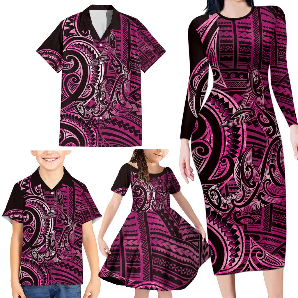 New Zealand Hammerhead Shark Family Matching Long Sleeve Bodycon Dress and Hawaiian Shirt Maori Haehae Mangopare Pink - Vibe Hoodie