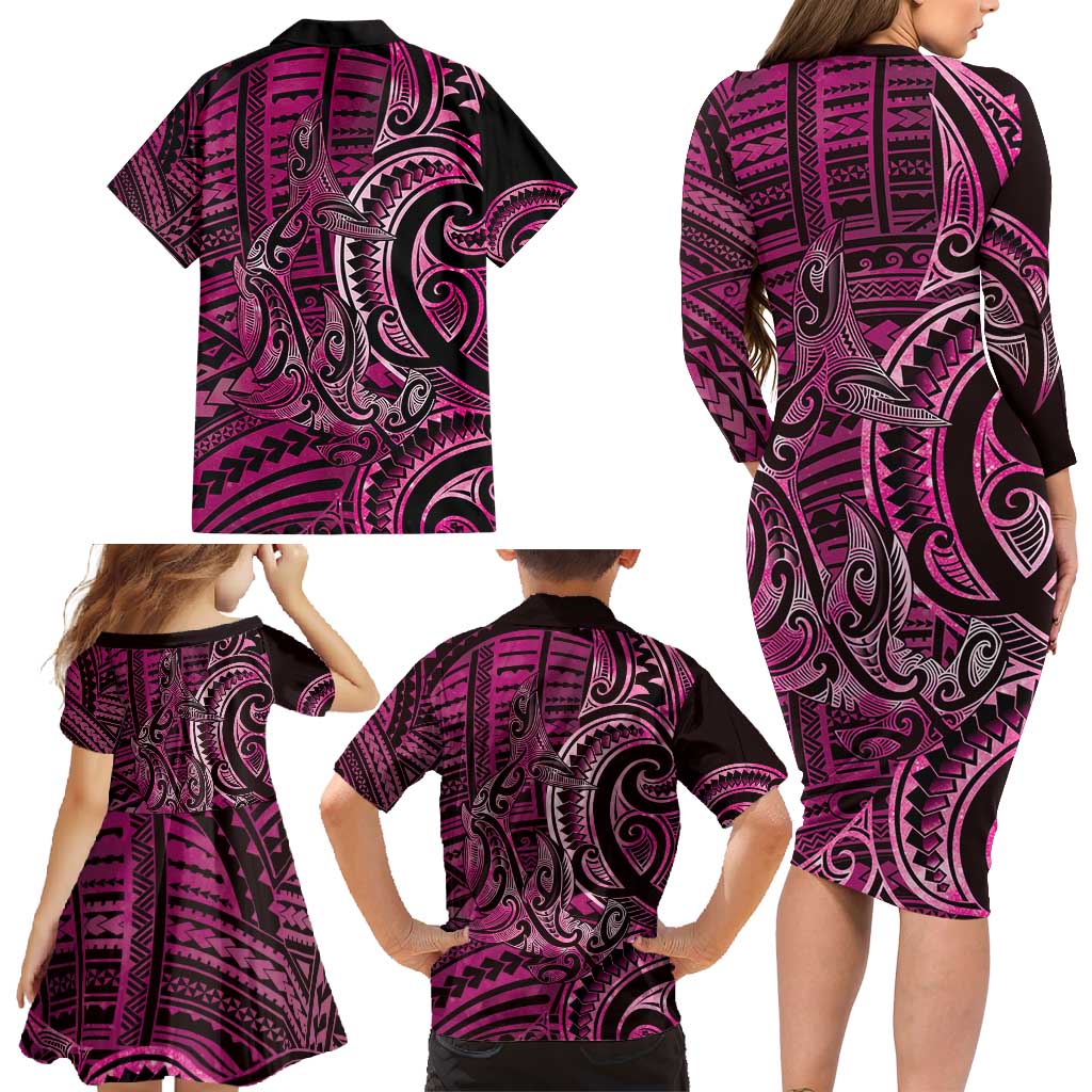 New Zealand Hammerhead Shark Family Matching Long Sleeve Bodycon Dress and Hawaiian Shirt Maori Haehae Mangopare Pink - Vibe Hoodie