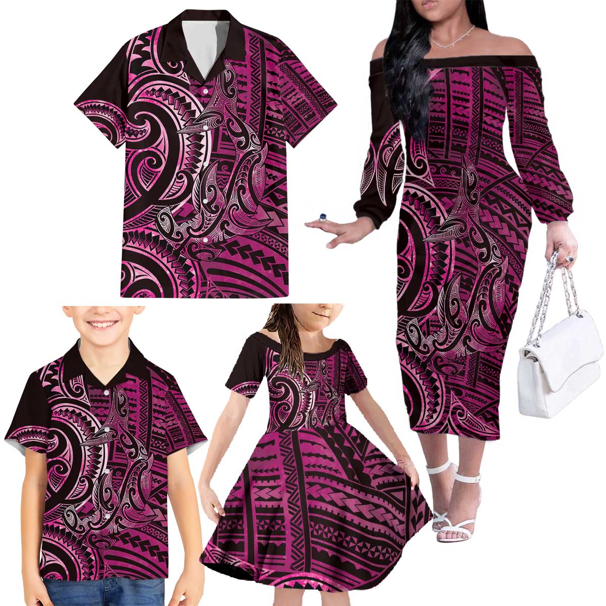New Zealand Hammerhead Shark Family Matching Off The Shoulder Long Sleeve Dress and Hawaiian Shirt Maori Haehae Mangopare Pink - Vibe Hoodie