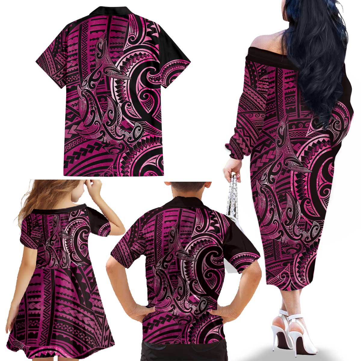 New Zealand Hammerhead Shark Family Matching Off The Shoulder Long Sleeve Dress and Hawaiian Shirt Maori Haehae Mangopare Pink - Vibe Hoodie