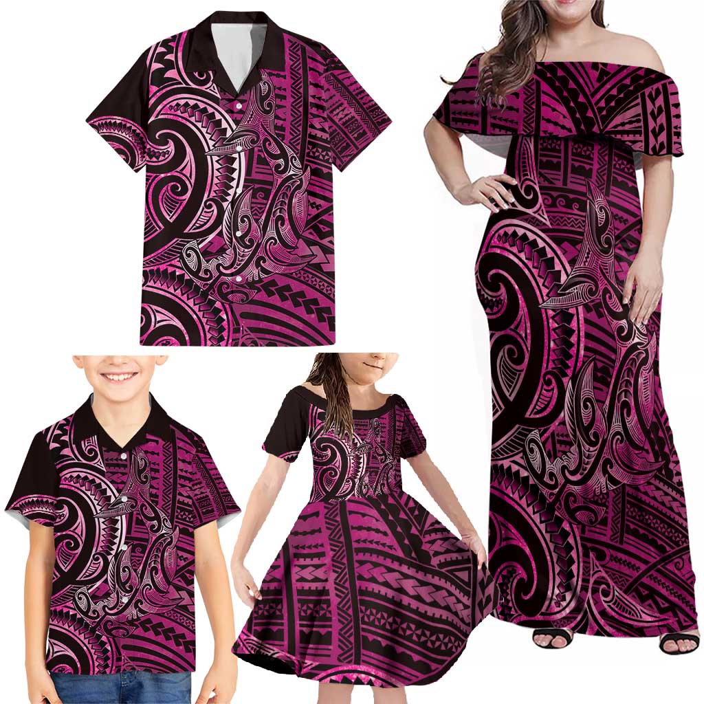 New Zealand Hammerhead Shark Family Matching Off Shoulder Maxi Dress and Hawaiian Shirt Maori Haehae Mangopare Pink - Vibe Hoodie