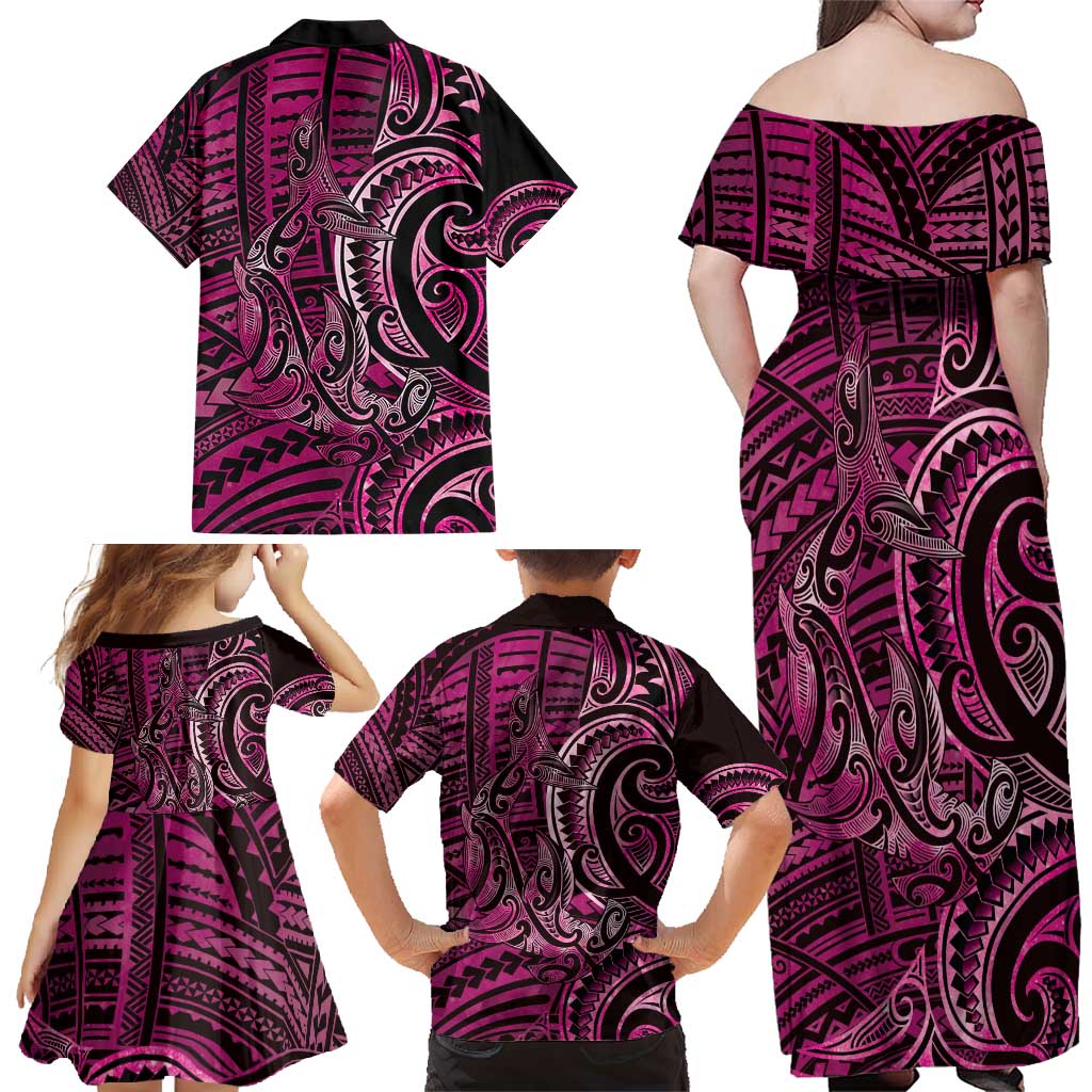 New Zealand Hammerhead Shark Family Matching Off Shoulder Maxi Dress and Hawaiian Shirt Maori Haehae Mangopare Pink - Vibe Hoodie