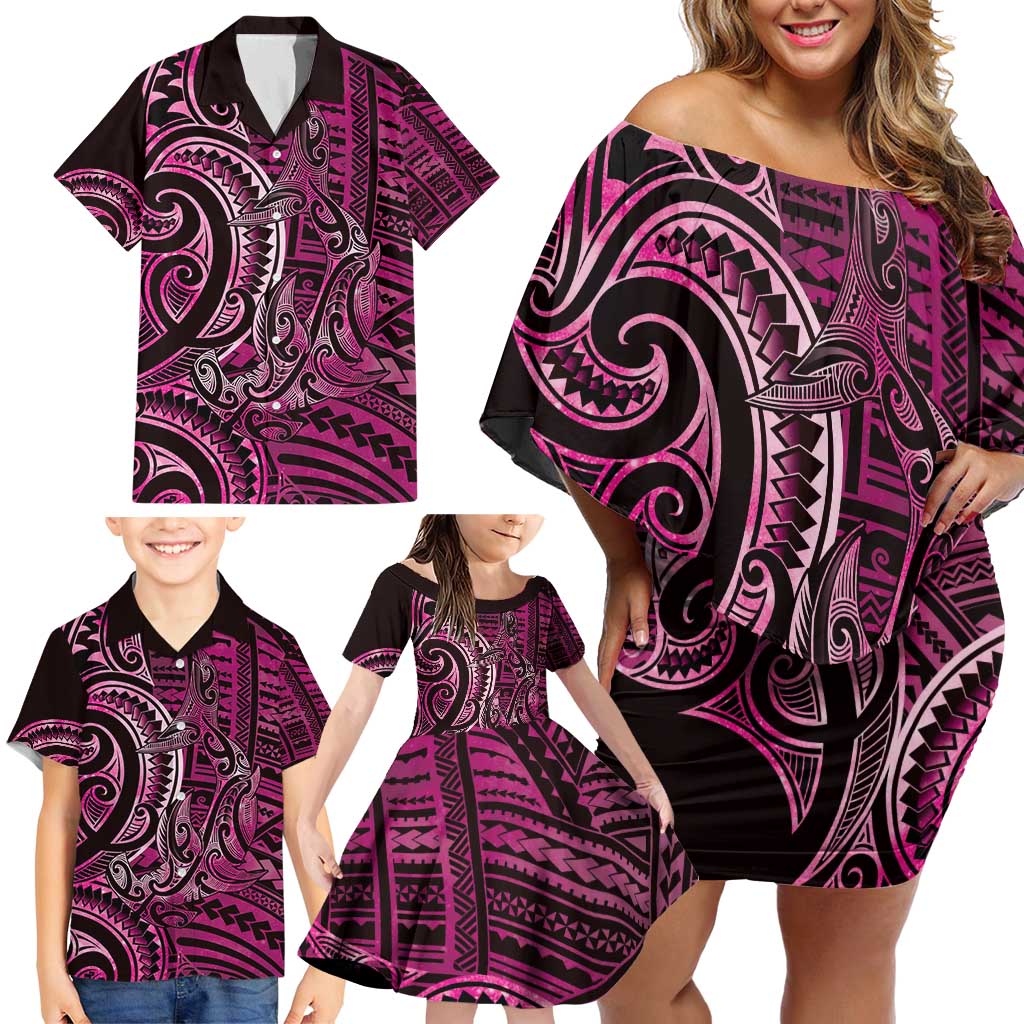 New Zealand Hammerhead Shark Family Matching Off Shoulder Short Dress and Hawaiian Shirt Maori Haehae Mangopare Pink - Vibe Hoodie
