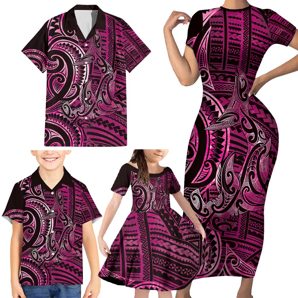 New Zealand Hammerhead Shark Family Matching Short Sleeve Bodycon Dress and Hawaiian Shirt Maori Haehae Mangopare Pink - Vibe Hoodie