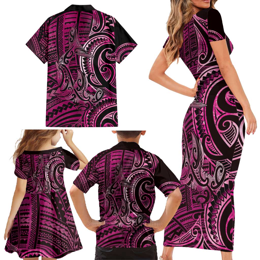 New Zealand Hammerhead Shark Family Matching Short Sleeve Bodycon Dress and Hawaiian Shirt Maori Haehae Mangopare Pink - Vibe Hoodie