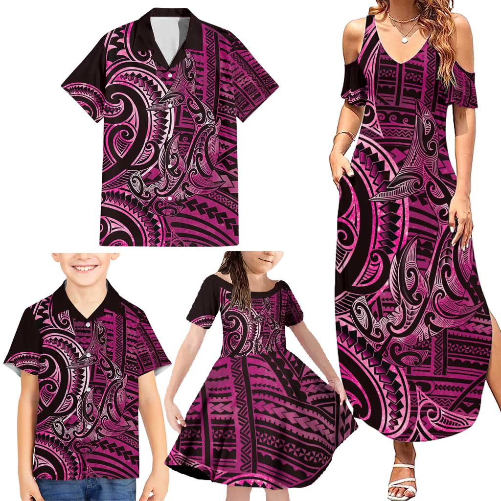 New Zealand Hammerhead Shark Family Matching Summer Maxi Dress and Hawaiian Shirt Maori Haehae Mangopare Pink - Vibe Hoodie