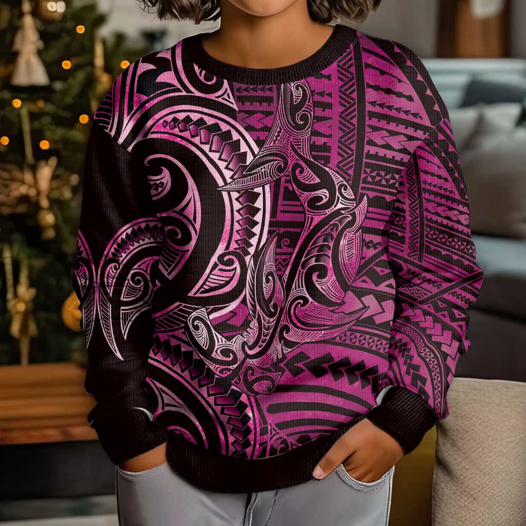New Zealand Hammerhead Shark Kid Ugly Christmas Sweater Maori Haehae Mangopare Pink - Vibe Hoodie