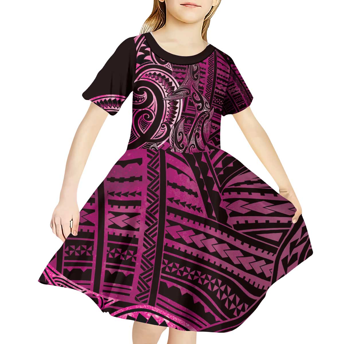 New Zealand Hammerhead Shark Kid Short Sleeve Dress Maori Haehae Mangopare Pink - Vibe Hoodie
