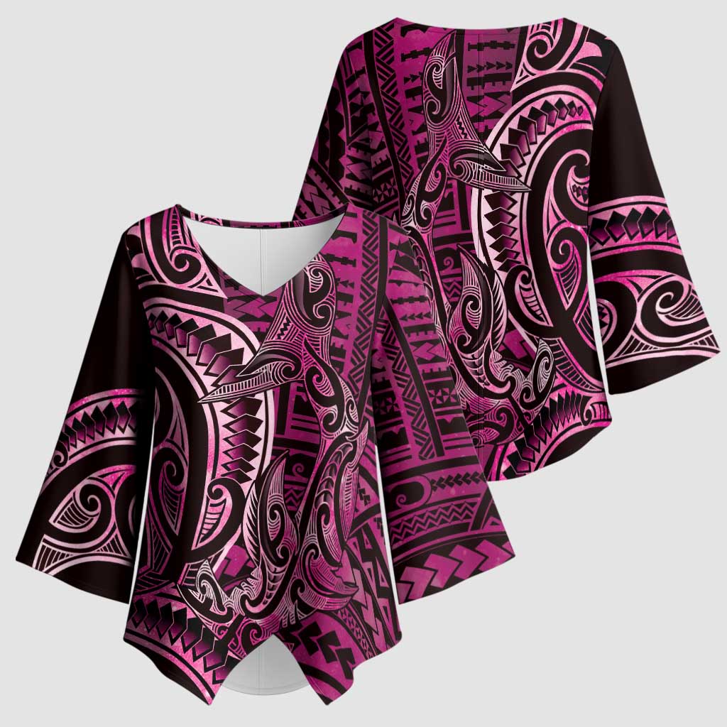 New Zealand Hammerhead Shark Kimono Sleeve Blouse Maori Haehae Mangopare Pink - Vibe Hoodie