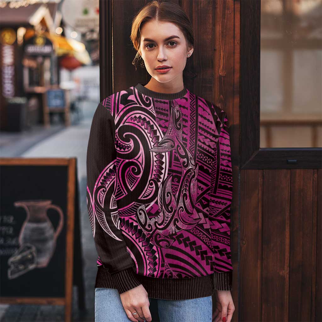 New Zealand Hammerhead Shark Ugly Christmas Sweater Maori Haehae Mangopare Pink - Vibe Hoodie