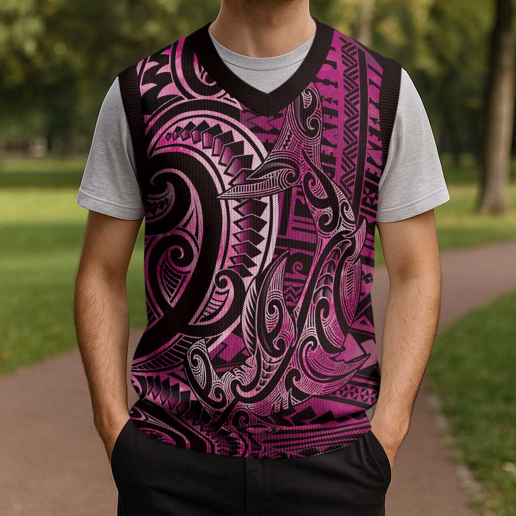 New Zealand Hammerhead Shark Christmas Knitted V-Neck Vest Maori Haehae Mangopare Pink - Vibe Hoodie