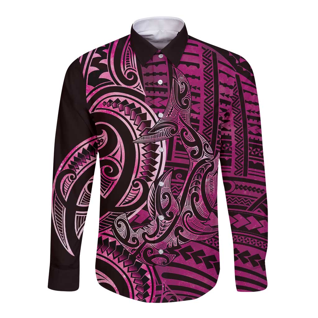 New Zealand Hammerhead Shark Long Sleeve Button Shirt Maori Haehae Mangopare Pink - Vibe Hoodie