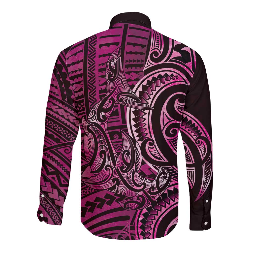 New Zealand Hammerhead Shark Long Sleeve Button Shirt Maori Haehae Mangopare Pink - Vibe Hoodie
