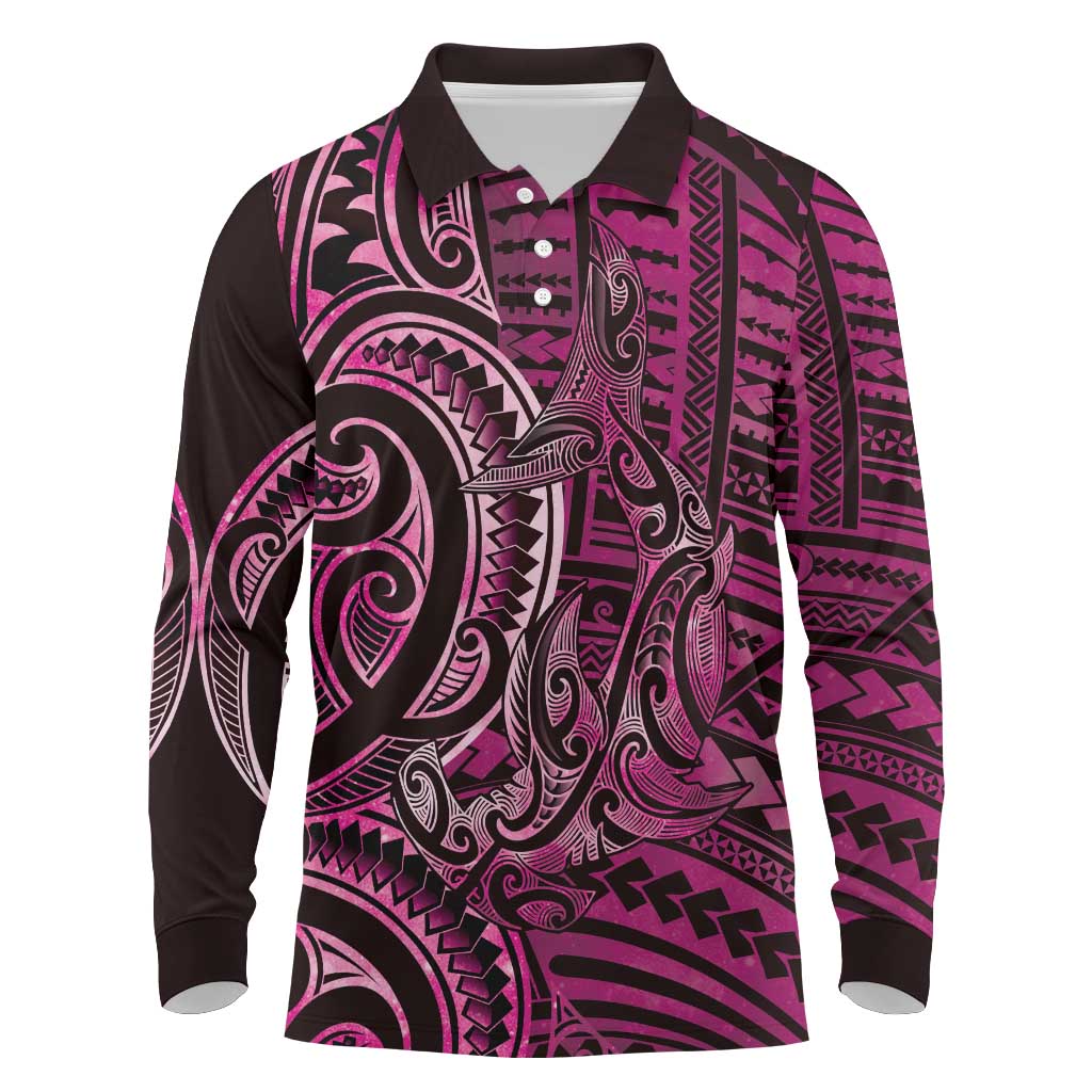 New Zealand Hammerhead Shark Long Sleeve Polo Shirt Maori Haehae Mangopare Pink - Vibe Hoodie