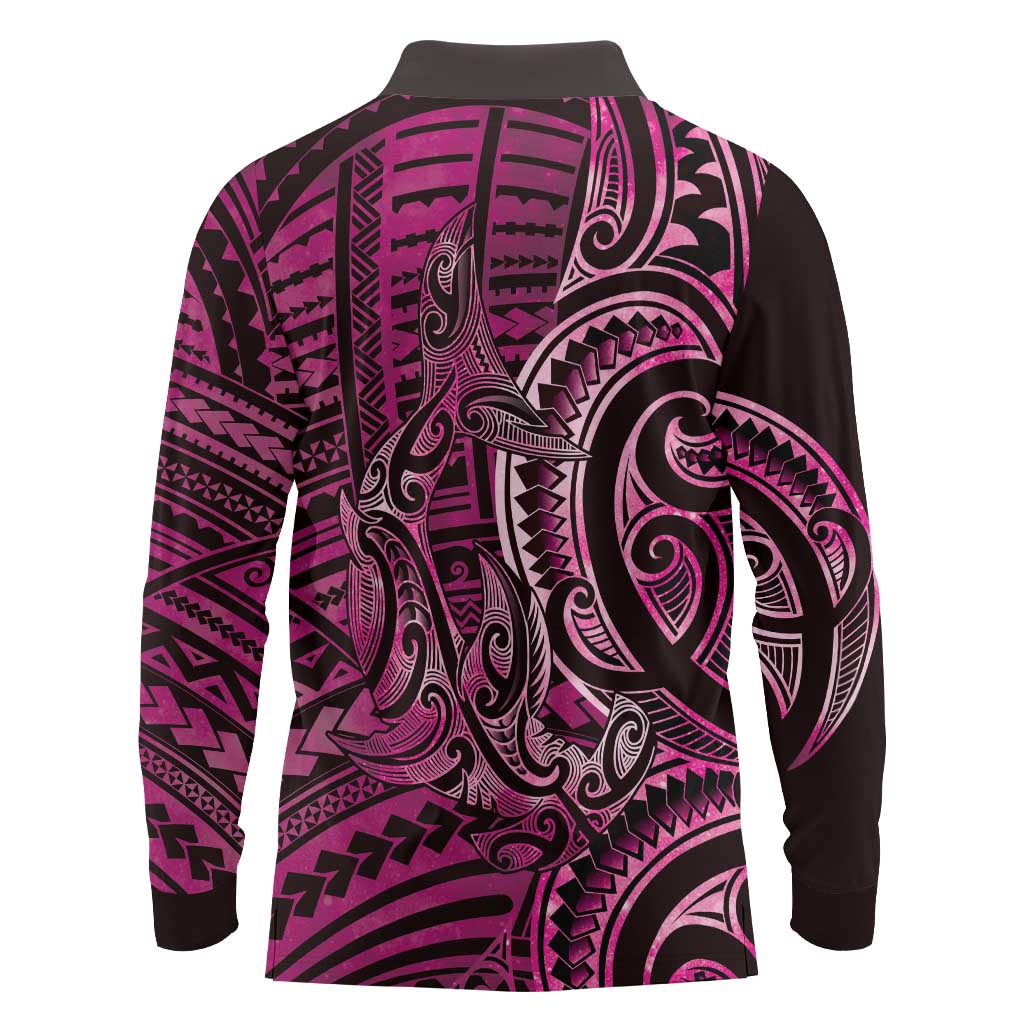 New Zealand Hammerhead Shark Long Sleeve Polo Shirt Maori Haehae Mangopare Pink - Vibe Hoodie