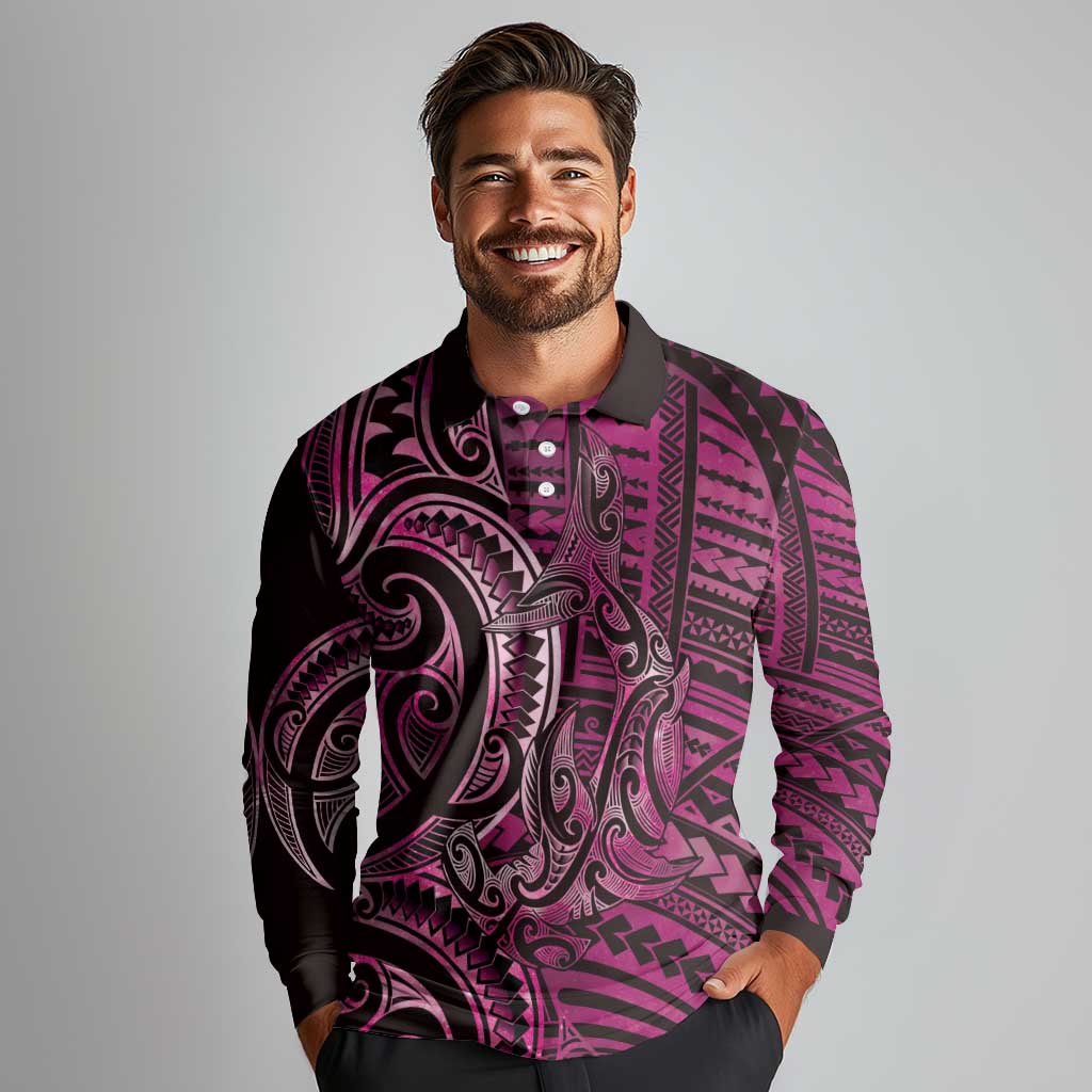 New Zealand Hammerhead Shark Long Sleeve Polo Shirt Maori Haehae Mangopare Pink - Vibe Hoodie