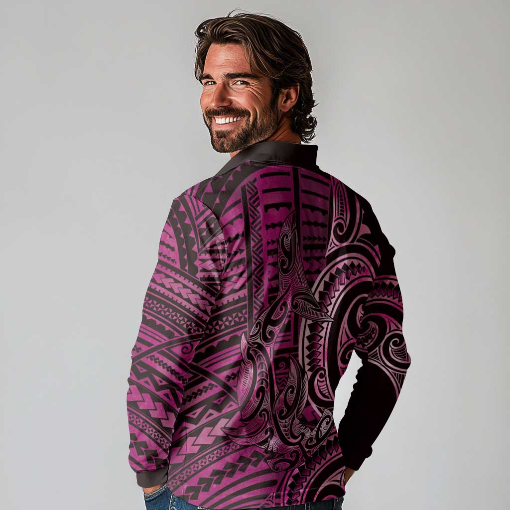 New Zealand Hammerhead Shark Long Sleeve Polo Shirt Maori Haehae Mangopare Pink - Vibe Hoodie