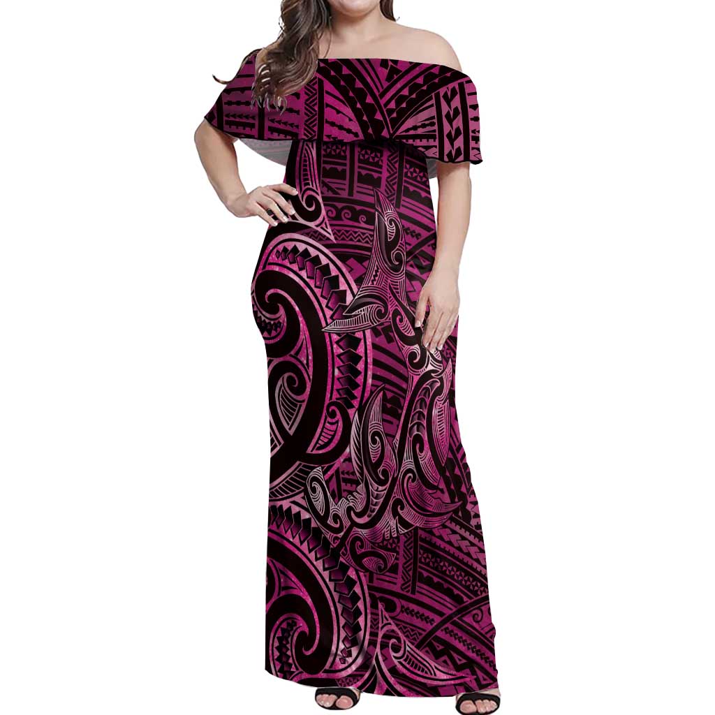 New Zealand Hammerhead Shark Off Shoulder Maxi Dress Maori Haehae Mangopare Pink - Vibe Hoodie