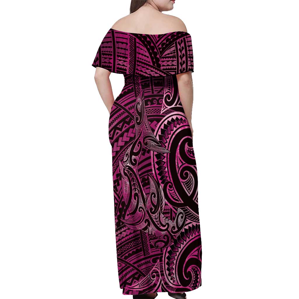 New Zealand Hammerhead Shark Off Shoulder Maxi Dress Maori Haehae Mangopare Pink - Vibe Hoodie
