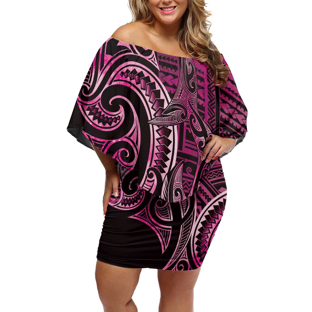New Zealand Hammerhead Shark Off Shoulder Short Dress Maori Haehae Mangopare Pink - Vibe Hoodie