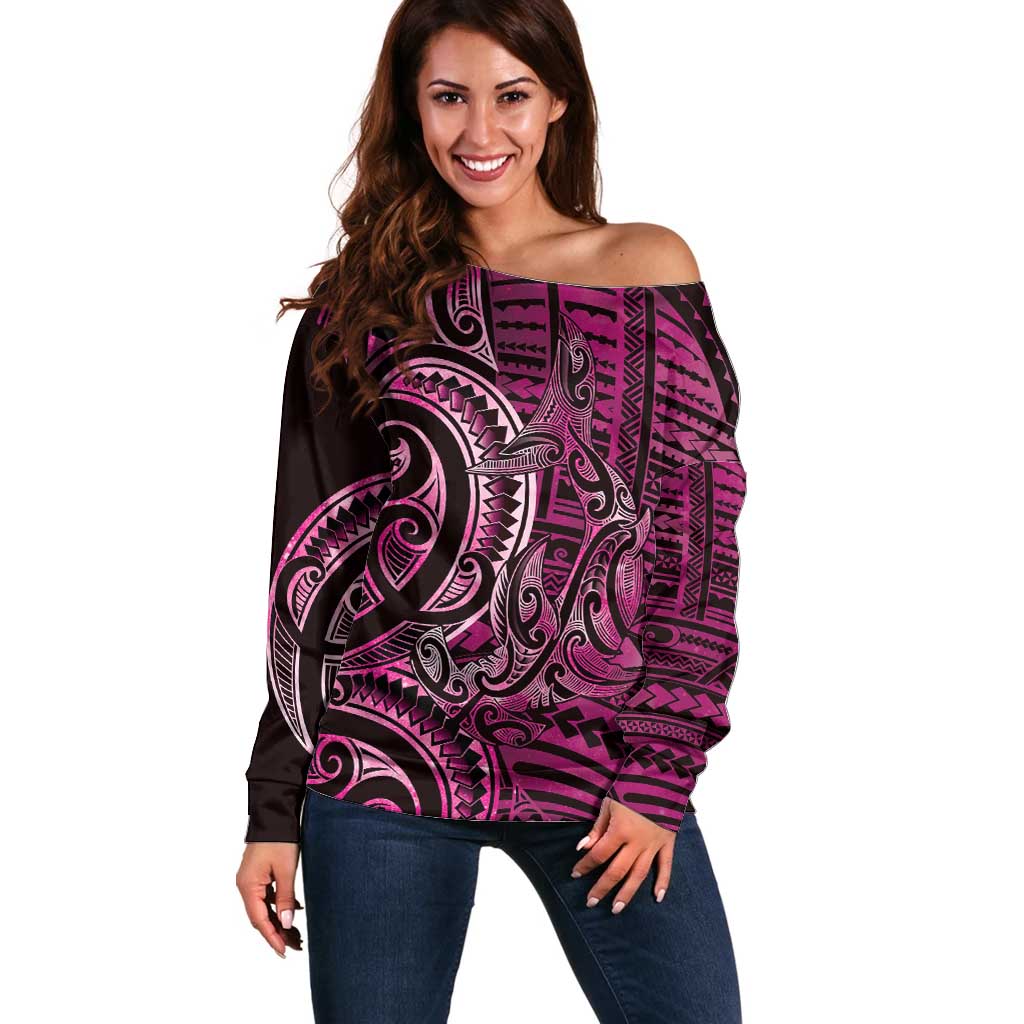 New Zealand Hammerhead Shark Off Shoulder Sweater Maori Haehae Mangopare Pink - Vibe Hoodie